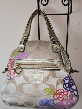 Coach Poppy Floral Flowers Beige Signature Floral Satchel with Gold Vintage